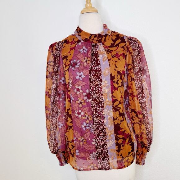 Avara Womens Patchwork Floral Long Balloon Sleeve Top Size S Orange Purple Fall - Picture 3 of 9